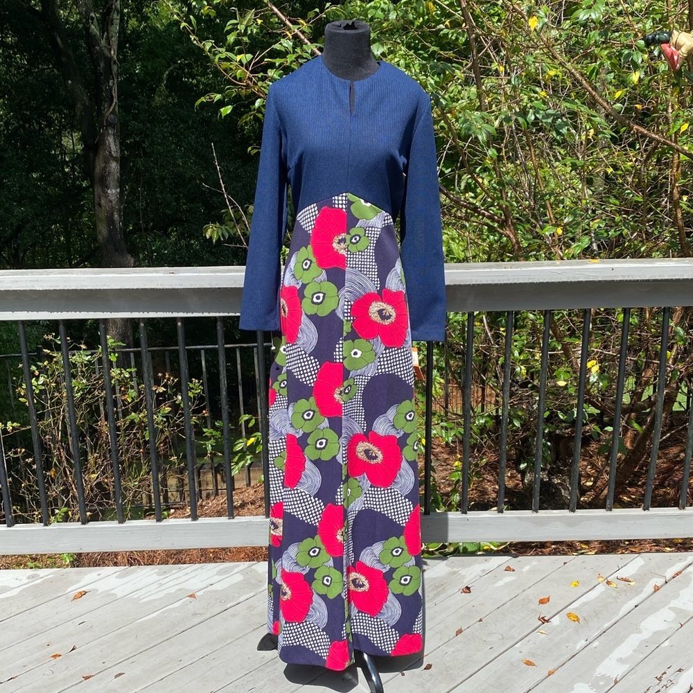 Deadstock NWT 60s 70 Flower Power Mod Ribbed Knit Bold Floral Hostess Maxi Dress